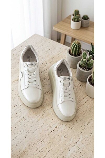 Fara brand Adidași Casual Dama, Albi Perlat din Piele Naturală