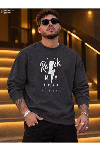 caddekombin Men's Rock My Body Printed Crew Neck Casual Regular Fit Sweatshirt