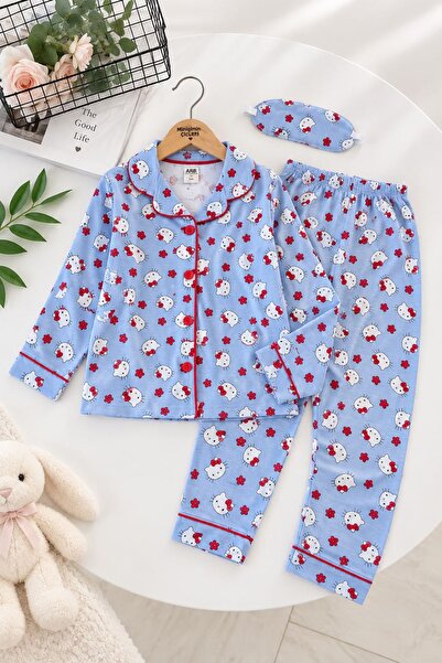 Minigimin Cicileri Patterned Eye Patch Girls' Seasonal Pajama Set - Blue