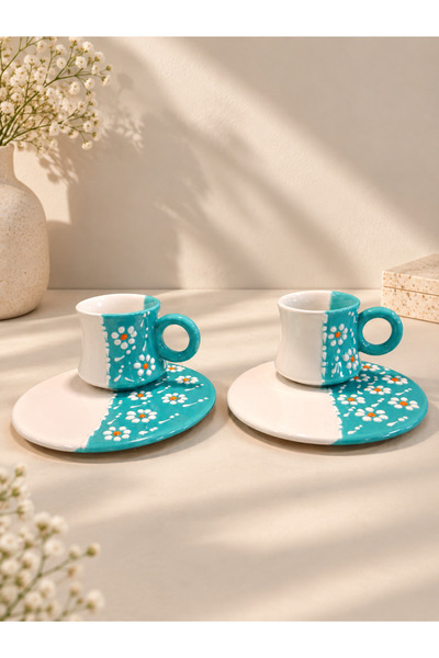 ASSERAMİK Daisy Patterned Handmade Ceramic White-Turquoise 2-Piece Coffee Cup...