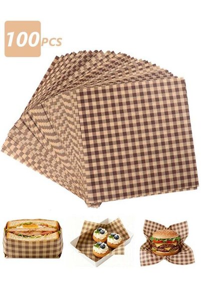 Generic 100 Pcs Brown Greaseproof Food Wrapping Paper Sheets, 18x18cm Disposa...