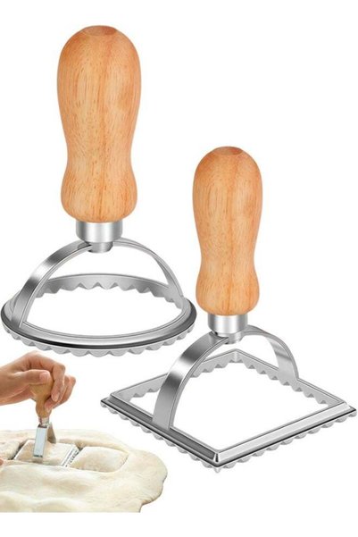 Generic 2PCS Wooden Handle Ravioli Maker Stamp Round Square Pasta Cookie Cutter