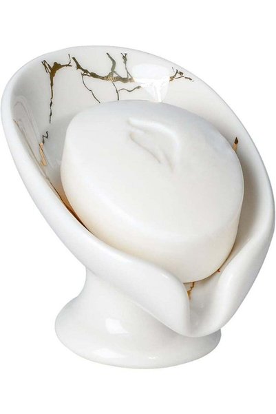 Generic Self-Draining Leaf Shape Ceramic Soap Dish Holder, Marble White with ...