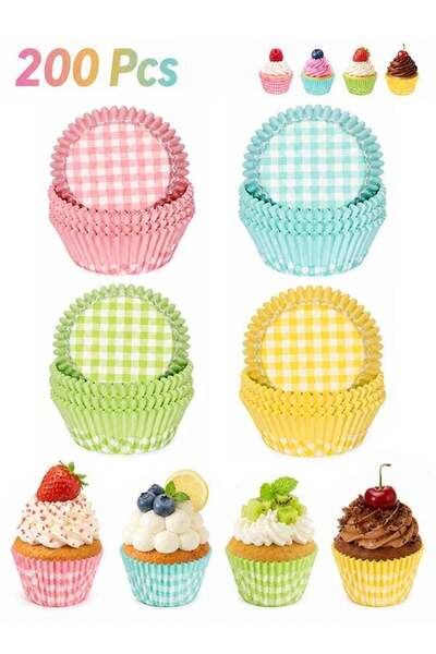 Generic 200 Pcs Pastel Gingham Checkered Cupcake Wrappers - 4 Colors Checkere...