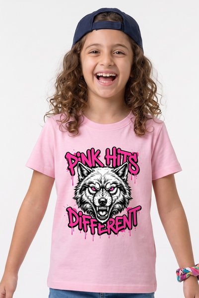 Funkaar Pink Hits Different Wolf Kids T-Shirt – Unisex Cotton Tee