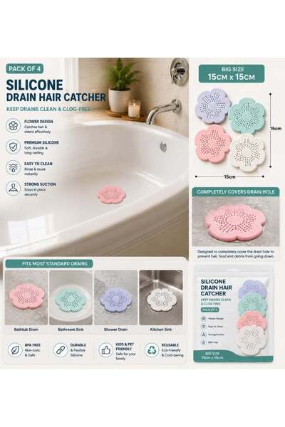 Generic Velmora Silicone Drain Hair Catcher Flower Shape | Pack of 4 | 15x15c...