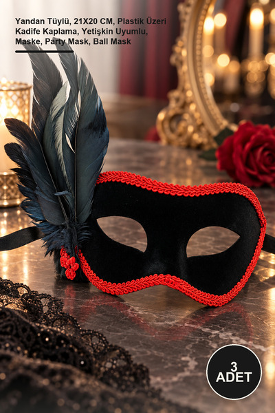 Yenilig 3 Pieces of Black Suede Covered Party Prom Mask – Side Feathered, 21X...