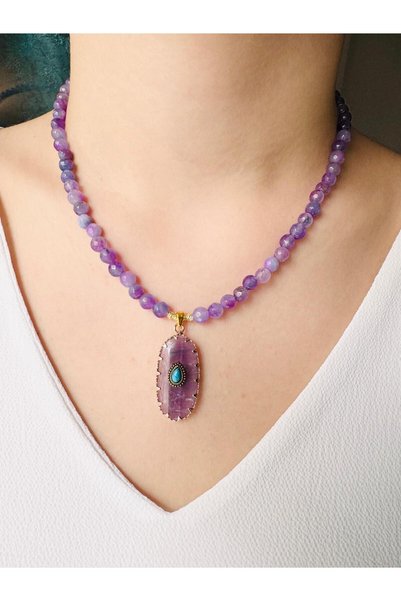 DEVİ fashion Ametist 6 mm Natural Stone Necklace 45 cm