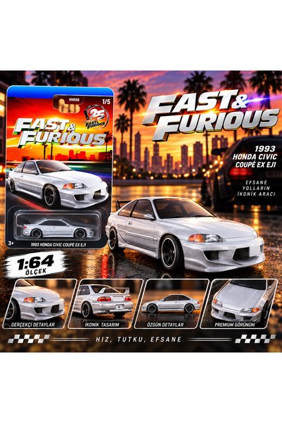 Cici Oyuncak Fast & Furious 25. Yıl Silver Series 1993 Honda Civic Coupe EX E...