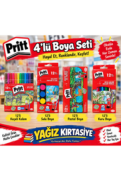 4'lü Boya Seti 12'li Kuru Boya + 12'li Keçeli Kalem + 12'li Pastel Boya + 12'li Sulu Boya