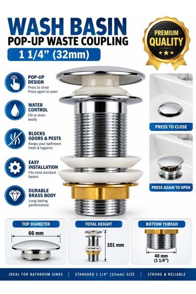 Generic Heavy Duty Wash Basin Pop-Up Waste Coupling 1 1/4 Inch (32mm), Chrome...