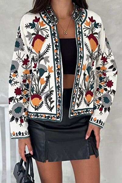 Swana Women's Bohemian Cross-Stitch Embroidered Open-Front Jacket - Ecru