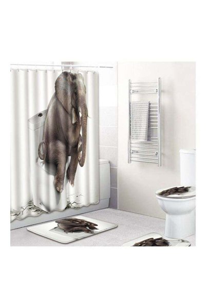 Generic 4-Piece Elephant Printed Shower Curtain Set Brown/White 40x4x30centim...