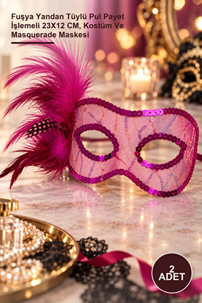 Yenilig 2 Pieces Party Mask – Fuchsia Side Feathered Sequin Embroidered 23X12...