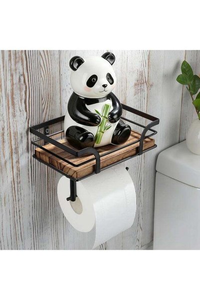 Generic Farmhouse Toilet Paper Holder with Wooden Shelf, Black Metal & Rustic...