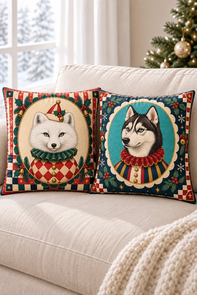Artvibe Kış Panayırı Yılbaşı Temalı Hayvan Portreli 4lü Dekoratif Kırlent Kılıfı Seti, Kutup Tilkisi Kaz Husky ve Ren Geyiği Desenli Retro Salon Dekoru