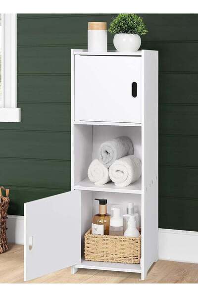 Generic Bathroom Floor Cabinet Freestanding Double Door 3-Tier Side Storage O...