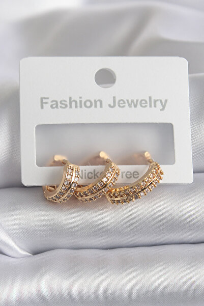 Mega Bazaar Brass Gold Color Zircon Stone Detailed Hoop Model Women's Earrings