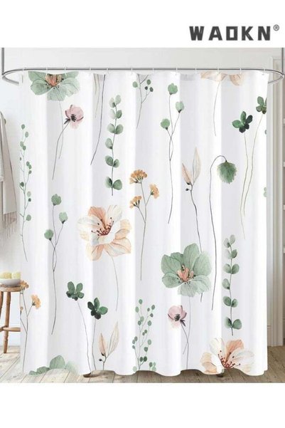 Generic Watercolor Floral Shower Curtain, sage Green Beige Flower Shower Curt...