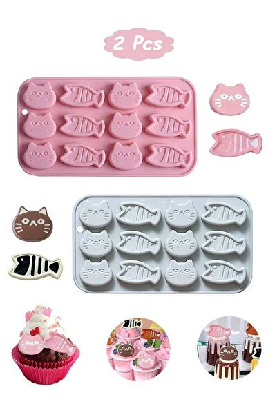 Generic 2 Pcs Chocolate Silicone Molds - 12-Cavity Cat and Fish Silicone Mold...