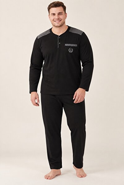 CottonVia Büyük Beden Erkek Pijama Takımı, %100 Pamuklu, İnterlok, Yakası Düğ...