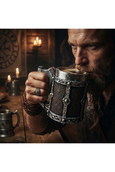 kt kuzey tacı Viking Savaş Baltası Kulplu Ahşap Fıçı Görünümlü Çelik İç Hazne...