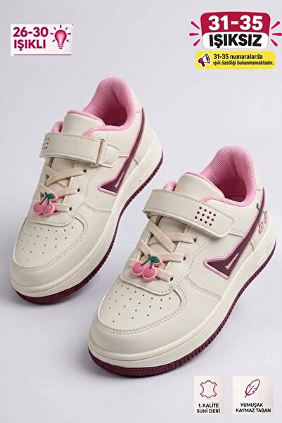 AlbiShoes Çocuk Işıklı Okul Günlük Spor Ayakkabı Kiraz Desenli Cırtlı Kaymaz Taban Rahat Sneaker