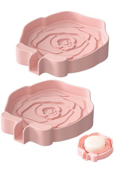 Generic 2PCS Pink Rose Shaped Silicone Soap Box, Self Draining Soft Flexible ...