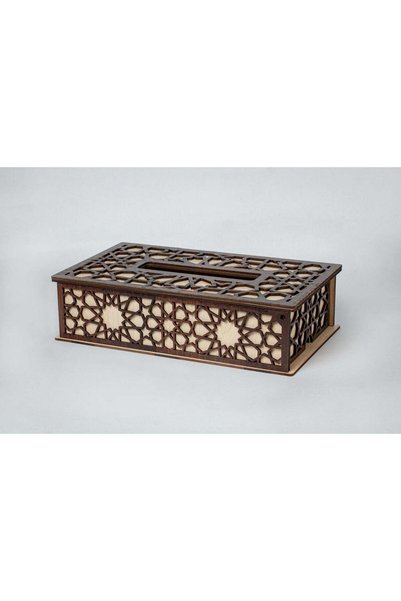Generic Wooden Deep Brown Tissue Box Cover with Geometric Cutwork Design Faci...