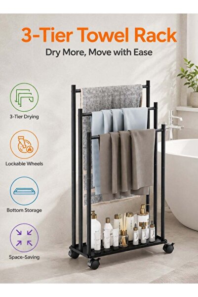 Generic 3-Tier Freestanding Towel Rack with Lockable Wheels, Rolling Carbon S...