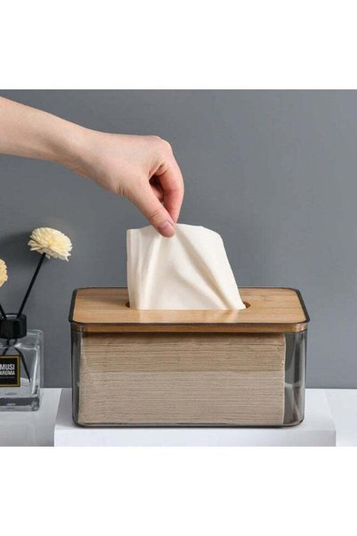 Generic ADAK Clear Acrylic Tissue Box with Bamboo Lid – Modern Transparent Ti...