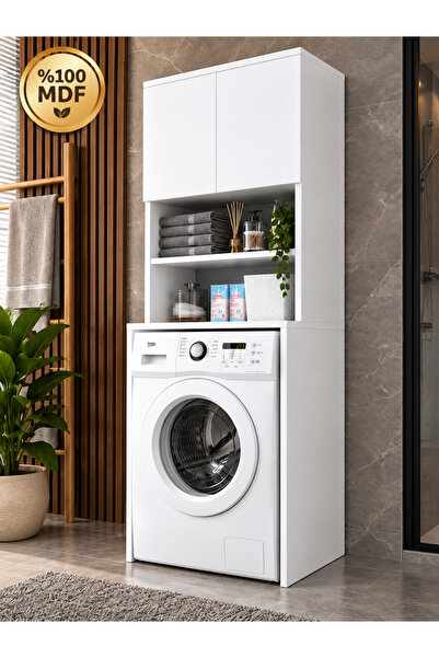 Çamaşır Makinesi Dolabı 3 Raflı Kapaklı Banyo Dolabı Beyaz