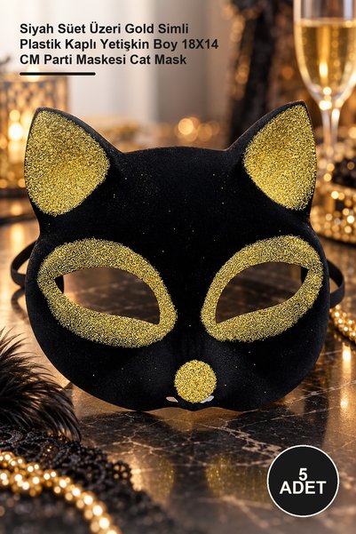 Yenilig 5 Pieces Cat Mask – Black Suede with Gold Glitter Plastic Coating Adu...