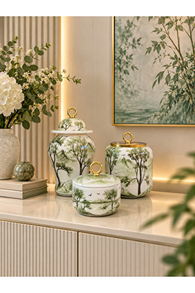 Bibo Home Dekoratif Obje Salon Seti - Oval Şah Takı Seti Manzara Desenli