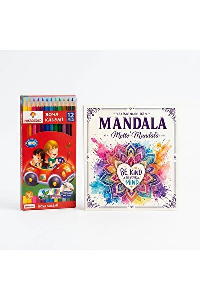 Yetişkinler İçin Mandala Motto Mandala Boyama Kitabı + 12'li Mikrogold Kuru Boya Kalemi Hediyeli