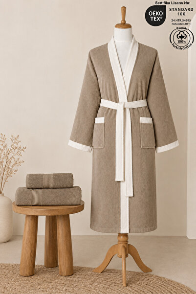 Ellaline 3 Piece Kimono Bathrobe Set 100% Cotton Certified Contrast Striped U...