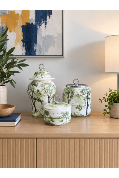 Bibo Home Dekoratif Obje Salon Seti - Oval Şah Takı Seti Manzara Desenli