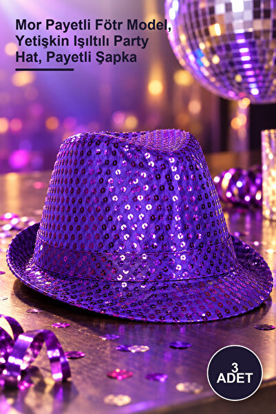 Yenilig 3 pieces disco party hat - purple sequined fedora model, adult sparkl...
