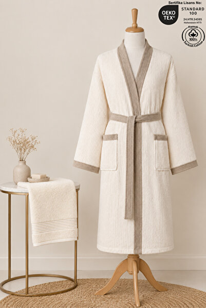 Ellaline 2 Piece Kimono Bathrobe Set 100% Cotton Certified Striped Contrast U...