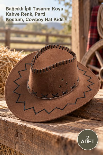Yenilig 2 pieces children nubuck suede cowboy hat - lace-up drawstring design...