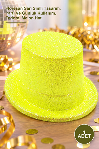 Yenilig 1 long fedora bowler hat - fluorescent yellow glitter design, party a...