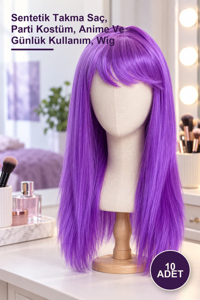 Yenilig 10pcs purple color straight cut long wig - synthetic fake hair, party...