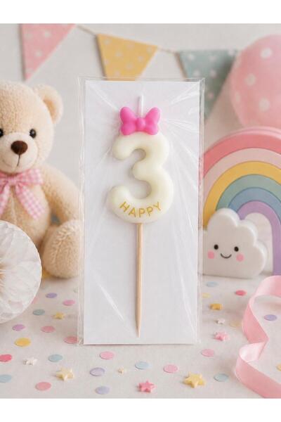 OEM Lumanare aniversara, cifra 3, cu fundita roz, handmade, 13 cm