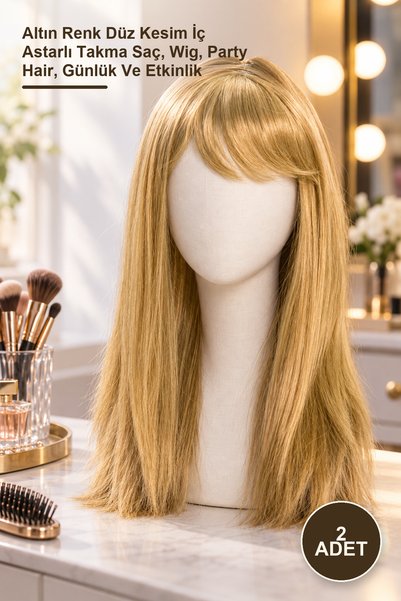 Yenilig 2 Pieces Long Party Wigs – Gold Color Straight Cut Synthetic Hair wit...