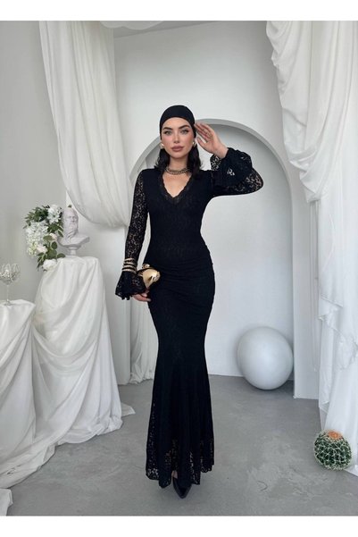 RUYEL Balık Form İspanyol Kol Uzun Dantel Elbise