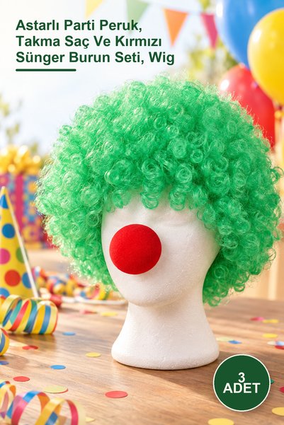 Yenilig 3 pcs green curly afro wig - lined party wig, fake hair and red spong...
