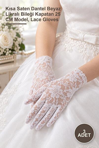 Yenilig 3 Pieces of Lace Gloves – Short Satin Lace White Lycra Ankle-Covering...