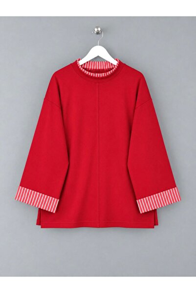 KEVRA Kadın Çizgili Garnili İki Parça Görünümlü Oversize Sweatshirt - Yırtmaç...