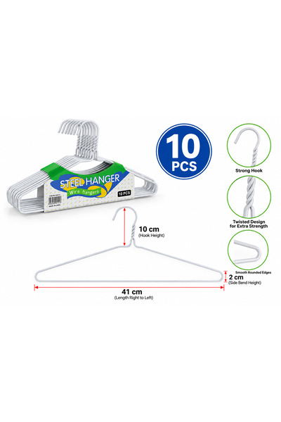HAYATI 10-Piece Steel Wire Clothes Hangers, White Hangers for Clothes, Shirts & Dresses