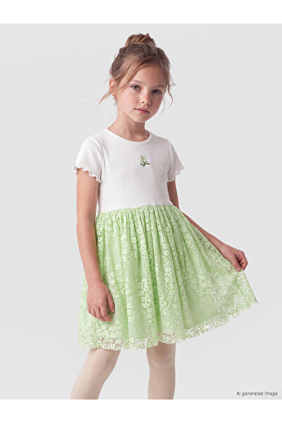 LC Waikiki Peak New Season Green Crew Neck Lace Girls' Dress
